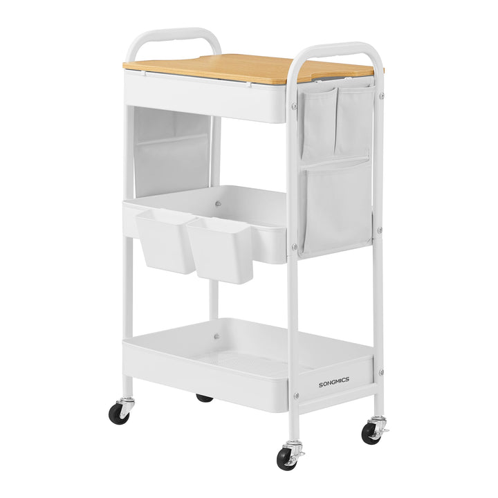 SONGMICS Rollwagen, Küchenwagen, 3 Metallgitterablagen, Servierwagen, 2 abnehmbare Hängebehälter, 2