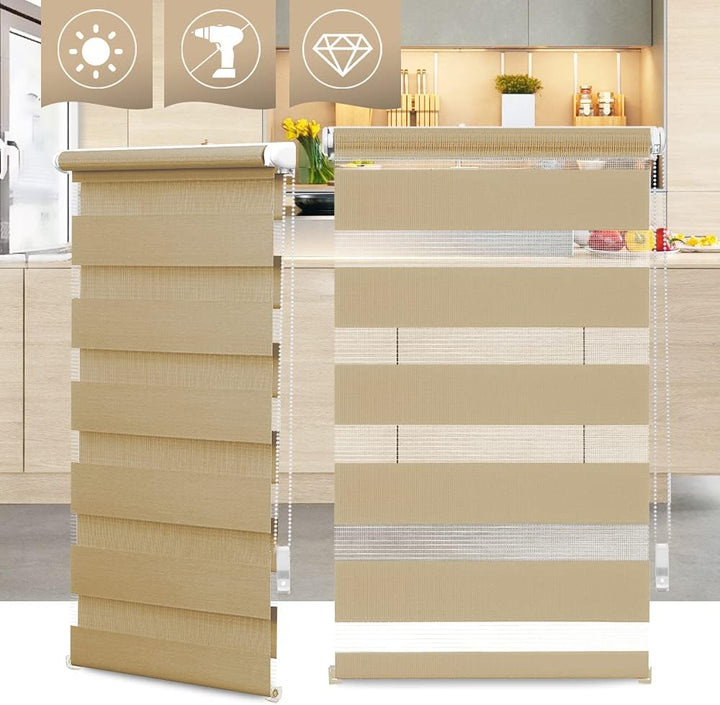 OBdeco Doppelrollo Duo Rollo Klemmfix ohne Bohren B80cm x H220cm(Stoffbreite 76 cm) Sand für Fenster