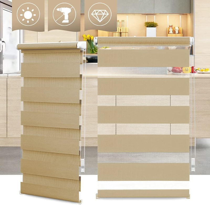 OBdeco Doppelrollo Duo Rollo Klemmfix ohne Bohren B40cm x H130cm(Stoffbreite 36 cm) Sand für Fenster