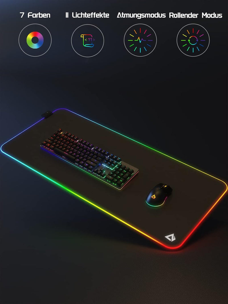 EASEMO Gaming Mauspad, RGB Mousepad, XXL gross (900 x 400 x 4 mm) mit 7 LED-Farben, 11 Beleuchtungsm