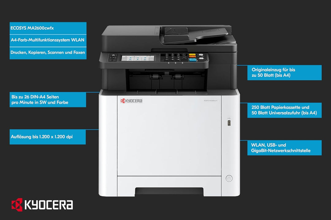 Kyocera Ecosys MA2600cwfx Farblaserdrucker Multifunktionsgerät WLAN: Drucker Scanner Kopierer, Faxge
