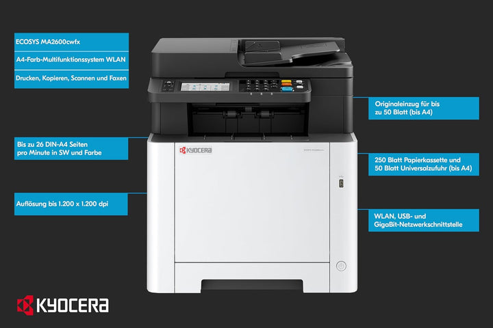 Kyocera Ecosys MA2600cwfx Farblaserdrucker Multifunktionsgerät WLAN: Drucker Scanner Kopierer, Faxge