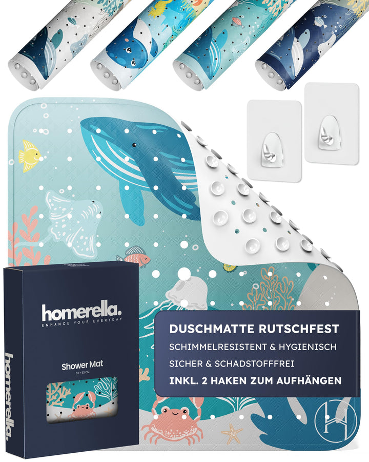 Homerella® Duschmatte rutschfest Kinder - 100% BPA frei Inkl. 2 Haken zum Aufhängen 53x53cm - Antiru