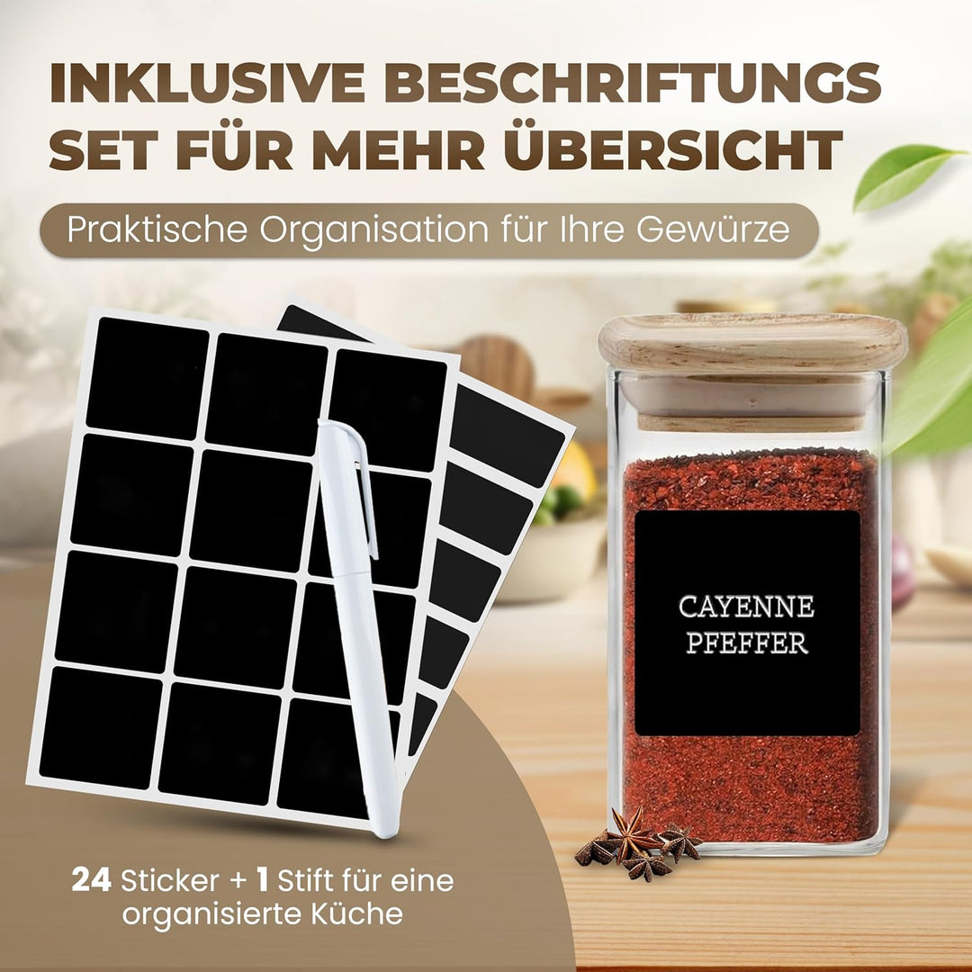 Celeko Home Gewürzgläser Set 210ml Stapelbar Eckig Holzdeckel (12 Stück) Gewürzbehälter Gewürzdosen