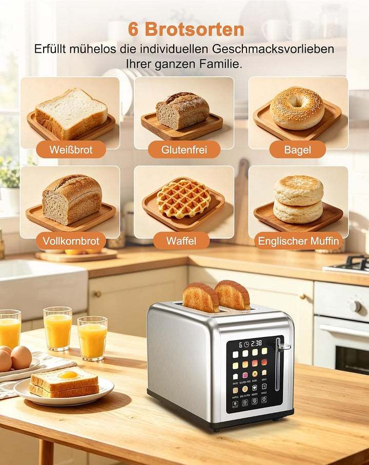 Toaster 2 Scheiben, Edelstahl Toaster mit Touchscreen, Countdown-Anzeige &amp; Memory-Funktion, 2 Toasts