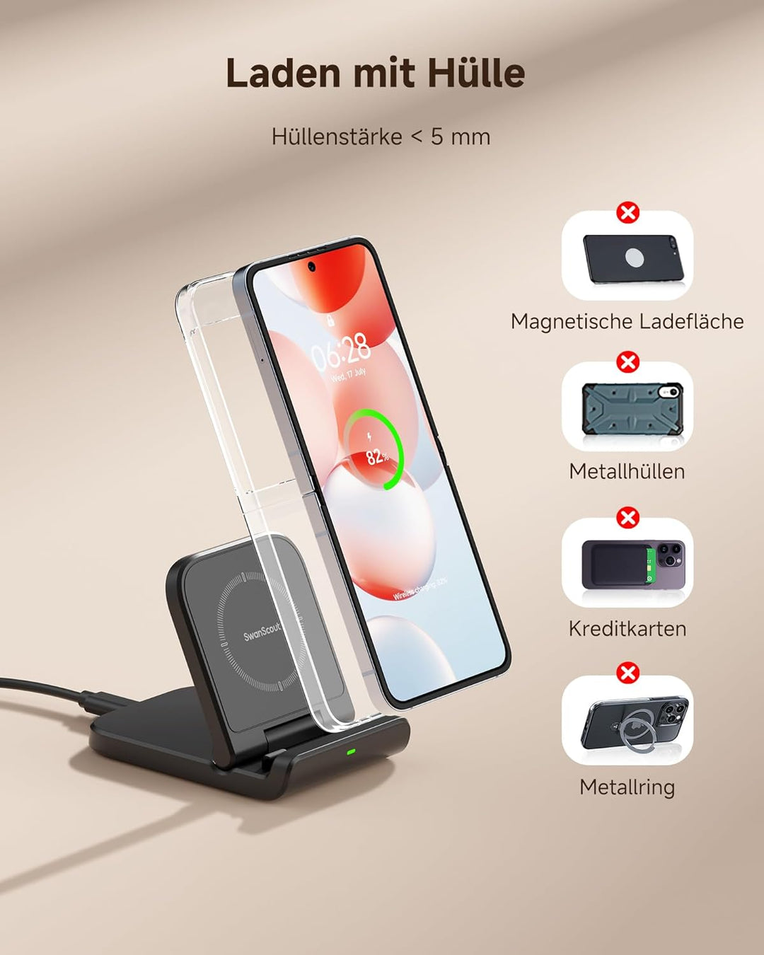 SwanScout Faltbare Induktive Ladestation für Samsung Galaxy Z Flip 7/7 FE 6/5/4/3 &amp; Moto Razr 60/50/