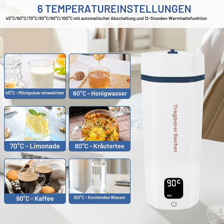 Reise Wasserkocher Klein Elektrische 450ML, Reise Elektrisch Wasserkocher 6Temperaturoptionen, Tragb