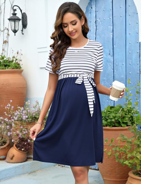 KOJOOIN Damen Umstandskleid Rundhalsausschnitt Gestreiftes Schwangerschaftskleid 3/4 Ärmel Casual Um