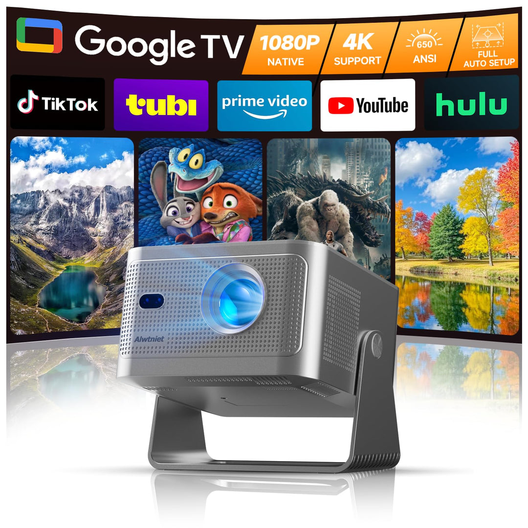 Alwtniet Beamer 4k Mit Google TV, Native Full Hd 1080p Mini Projector Heimkino Bluetooth WiFi Klein