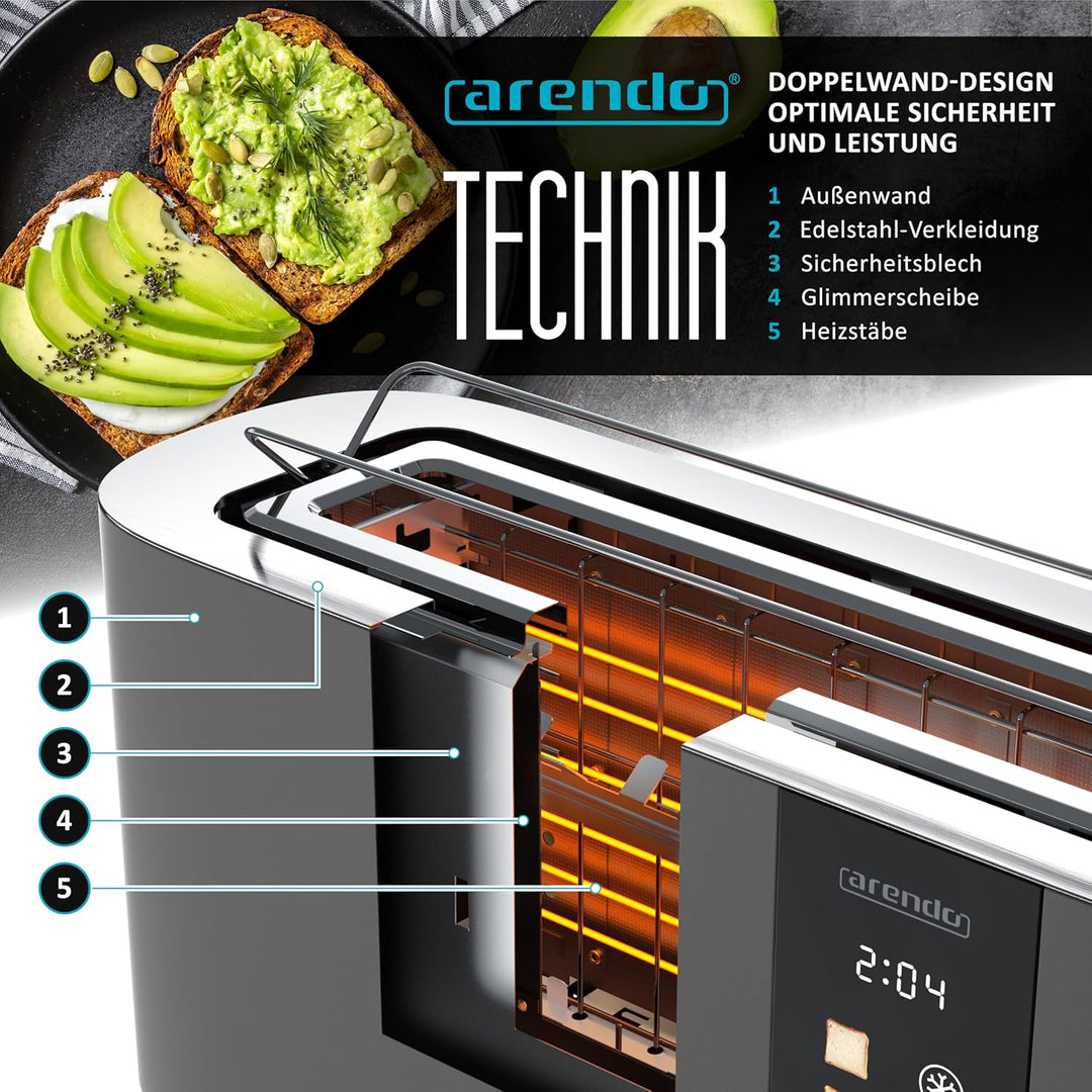 Arendo - Edelstahl Toaster 2 Scheiben Langschlitz - Touchscreen – Doppelwandgehäuse – Integrierter B