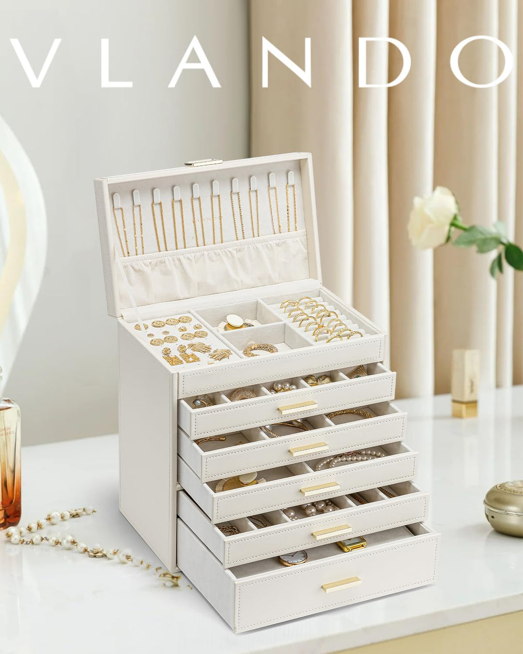 Vlando Modern Schmuckkasten Gross, Schmuckkästchen mit 6 Ebenen, Geräumige Schmuckschatulle Damen, f