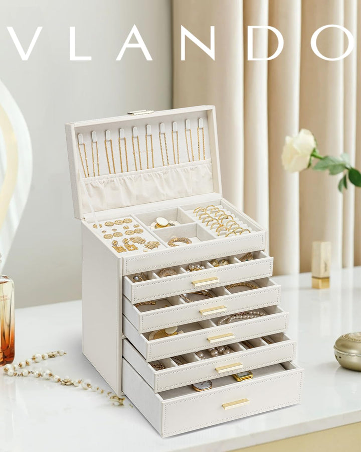 Vlando Modern Schmuckkasten Gross, Schmuckkästchen mit 6 Ebenen, Geräumige Schmuckschatulle Damen, f