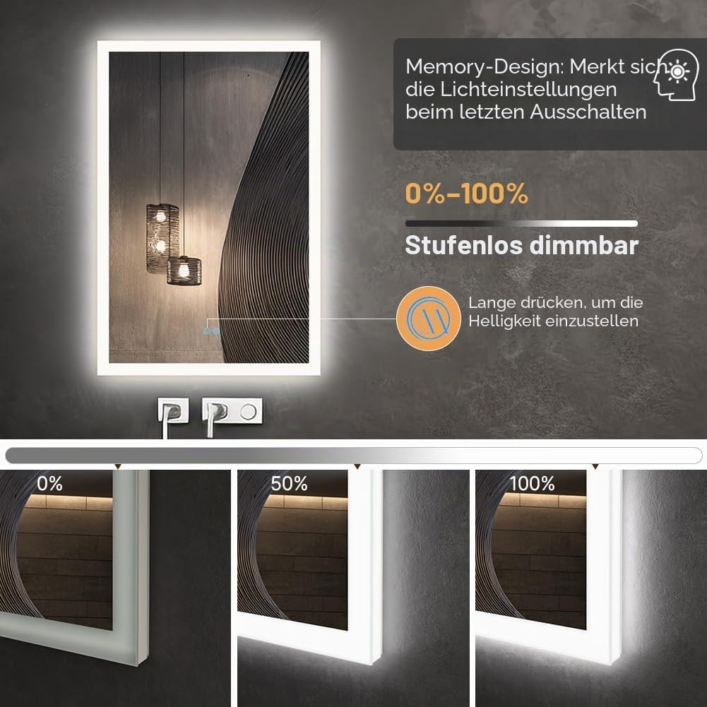 badspiegel mit Beleuchtung, Sandstrahl-Design led Spiegel Bad, 3 Farbtemperaturen, Dimmbar, Entfoggi