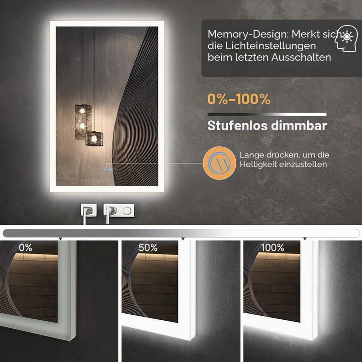 badezimmerspiegel mit Beleuchtung, Sandstrahl-Design led Spiegel Bad, 3 Farbtemperaturen, Dimmbar, E