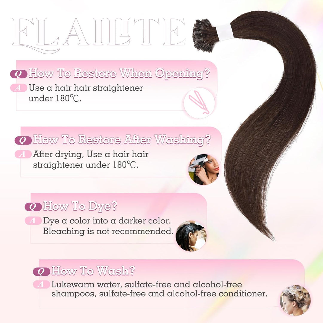 Elailite Bonding Extensions Echthaar Schokobraun 25 Strähnen 25g Haarverlängerung Glatt U Tip Kerati