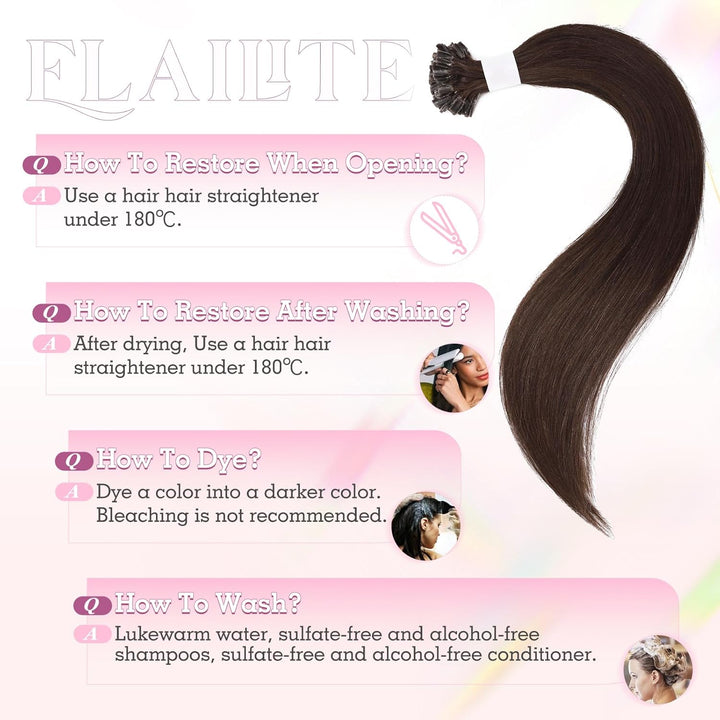 Elailite Bonding Extensions Echthaar Schokobraun 25 Strähnen 25g Haarverlängerung Glatt U Tip Kerati