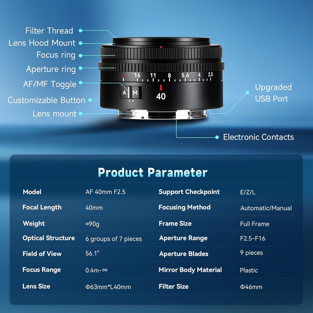 7artisans AF 40mm F2.5 Vollformatobjektiv für E-Mount,90g, automatischer/manueller Fokus,Erkennung d