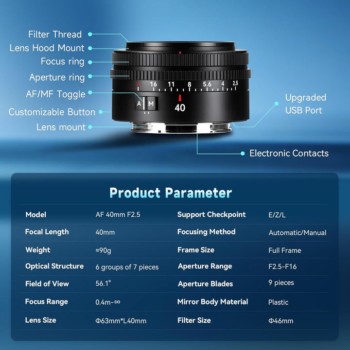 7artisans AF 40mm F2.5 Vollformatobjektiv für E-Mount,90g, automatischer/manueller Fokus,Erkennung d