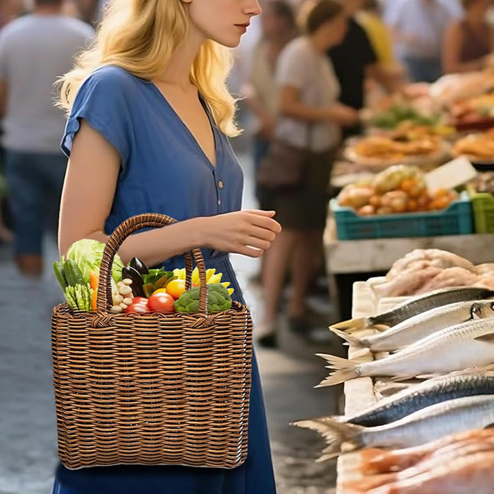 Tasche Einkaufskorb Geflochten, Korbtasche Handtasche, Strandtasche Stroh Kunststoff Shopper, Boho B