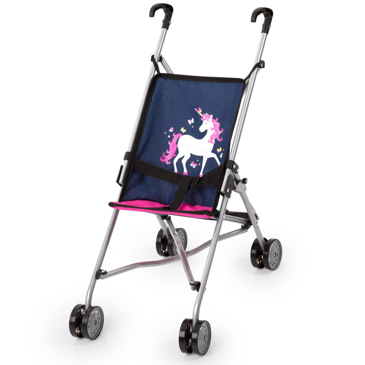 Bayer Design 30154AA Puppenbuggy, Puppenwagen, Doppelräder, Gurt, leicht faltbar, aus Metall, Blau,