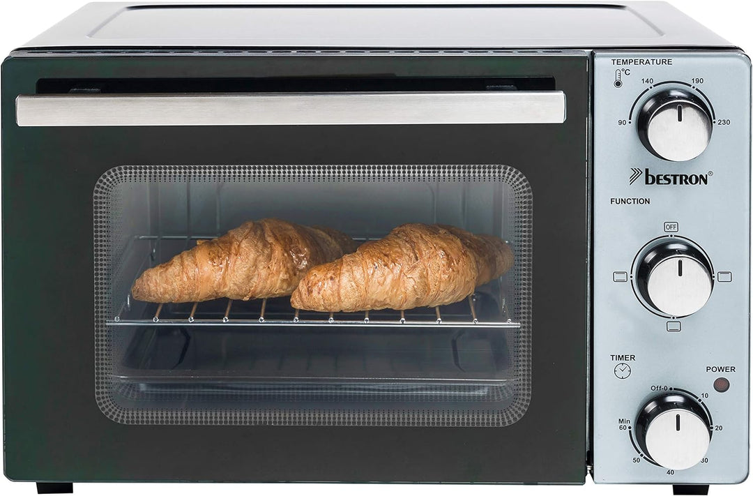 Bestron AOV20 Kompakter Mini-Backofen mit Ober-/Unterhitze, 20 Liter, 1300 W, Edelstahl, Schwarz 20