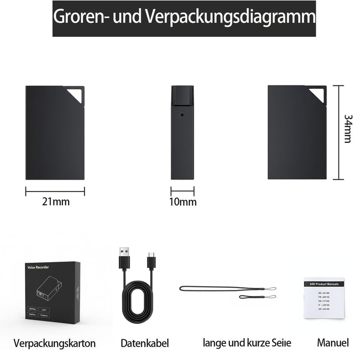 Diktiergerät Mini 64 GB Speicher, Diktiergerät und Sprachaktivierung, Voice Recorder Wiederaufladbar