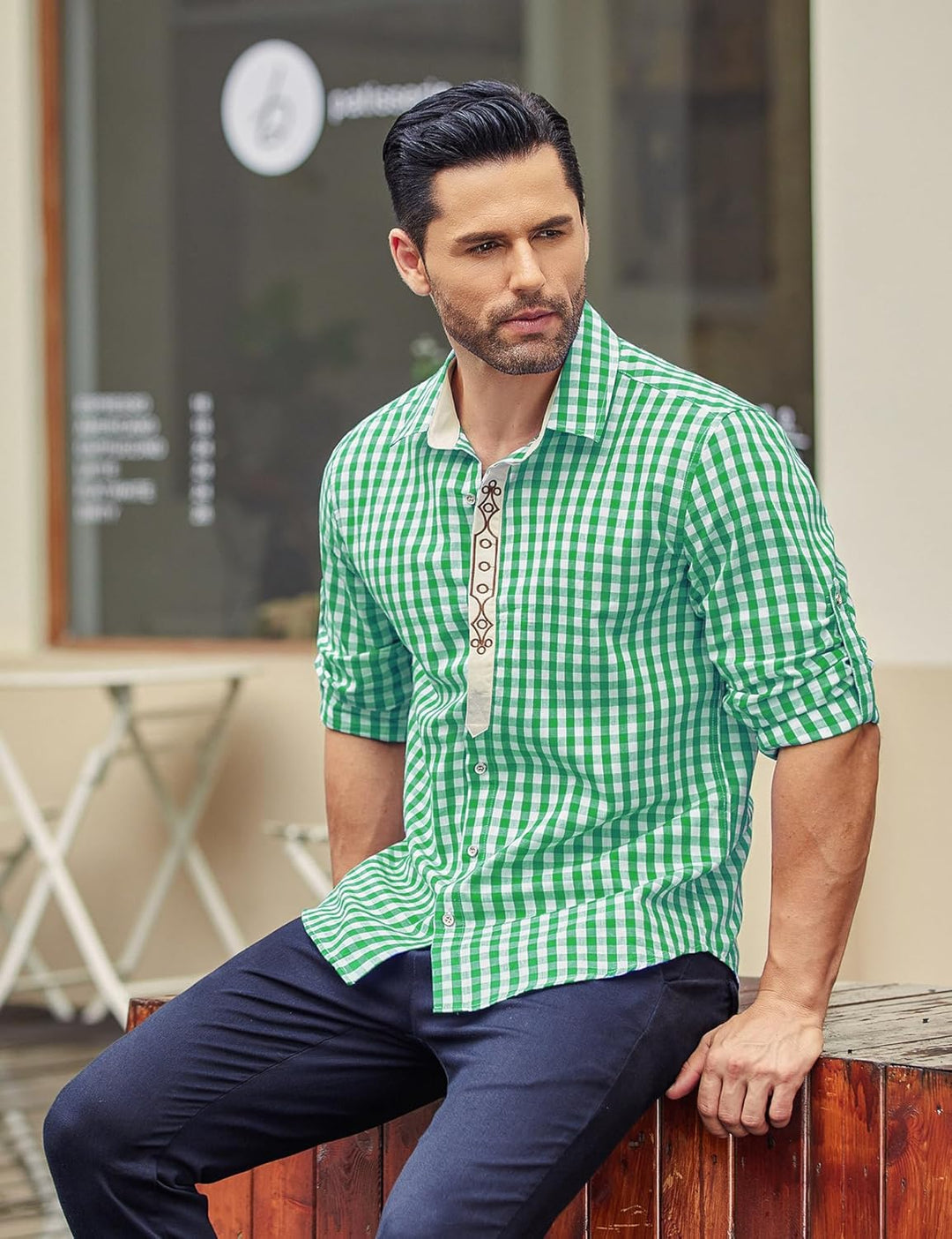 COOFANDY Herren Langarm Trachtenhemd Karriert Oktoberfest Hemd Regular Fit Karohemd Freizeithemd Pla