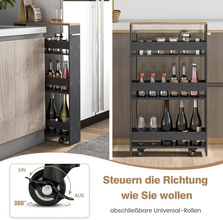 FANTASK Küchenwagen schmal auf Rollen, Nischenregal 13cm breit, 4 Etagen Servierwagen, Nischenwagen