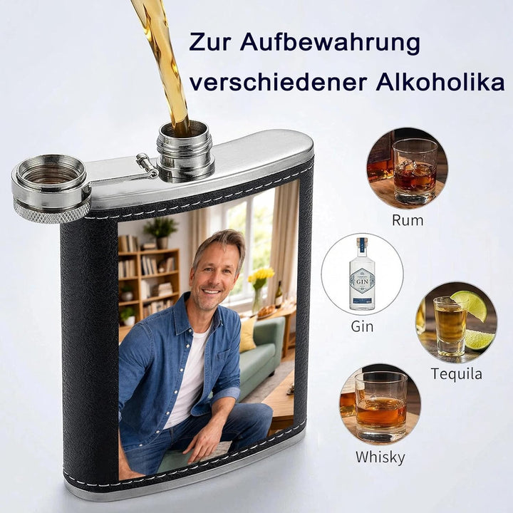 Personalisiert Flachmann mit Foto - Flachmann Kunstleder - Geeignet für Whiskey Rum und Wodka Partys
