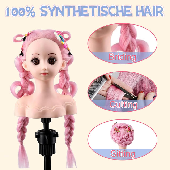 Mannequin-Kopf für Kinder mit synthetischem glattem Haar, Puppenkopf zum Üben von Flechten (Rosa)