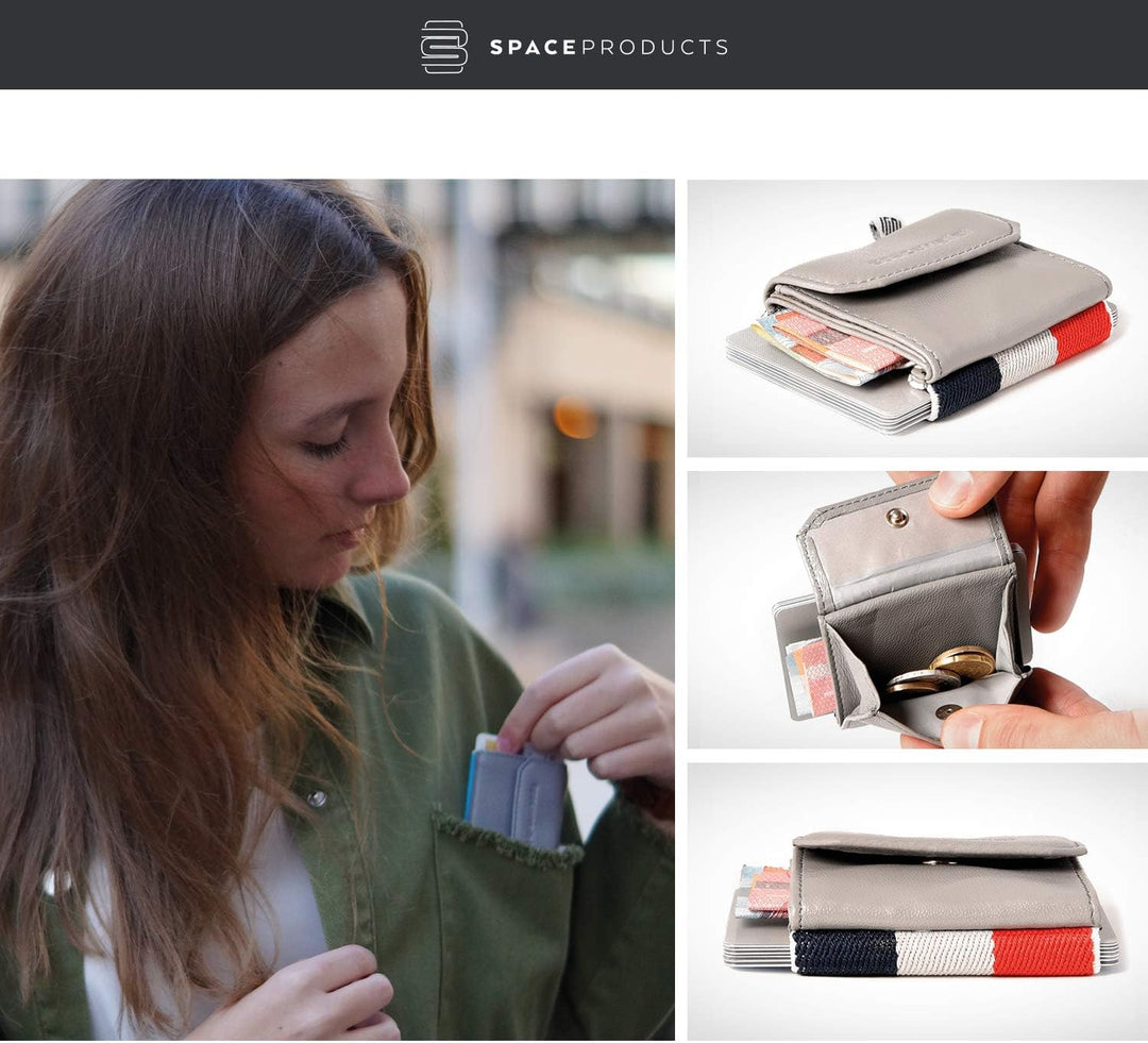 Space Products ® Mini Geldbörse grau-gestreift I Sehr kleines Echtleder Wallet/Portemonnaie mit Münz