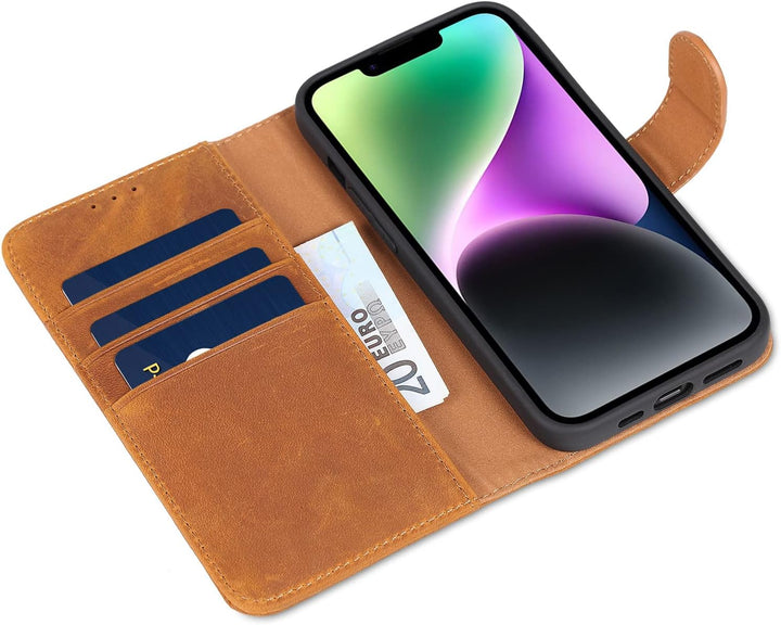 LENSUN Echtleder Hülle für iPhone 14, Handyhülle [Echtes Leder][Magnetverschluss][RFID Schutz] Handy