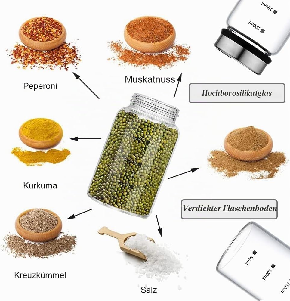 2 Stück Gewürzgläser mit Drehdeckel, 150ml Borosilikatglas Gewürzstreuer, GEwürzdosen, Gewürzstreuer