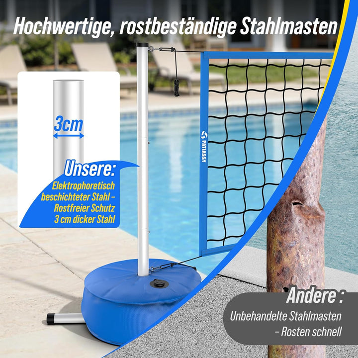 Pool Volleyball-Set, Tragbarer Volleyballnetz Verstellbar 4,5-9,1m mit Volleyball, Stabilem-Stangen