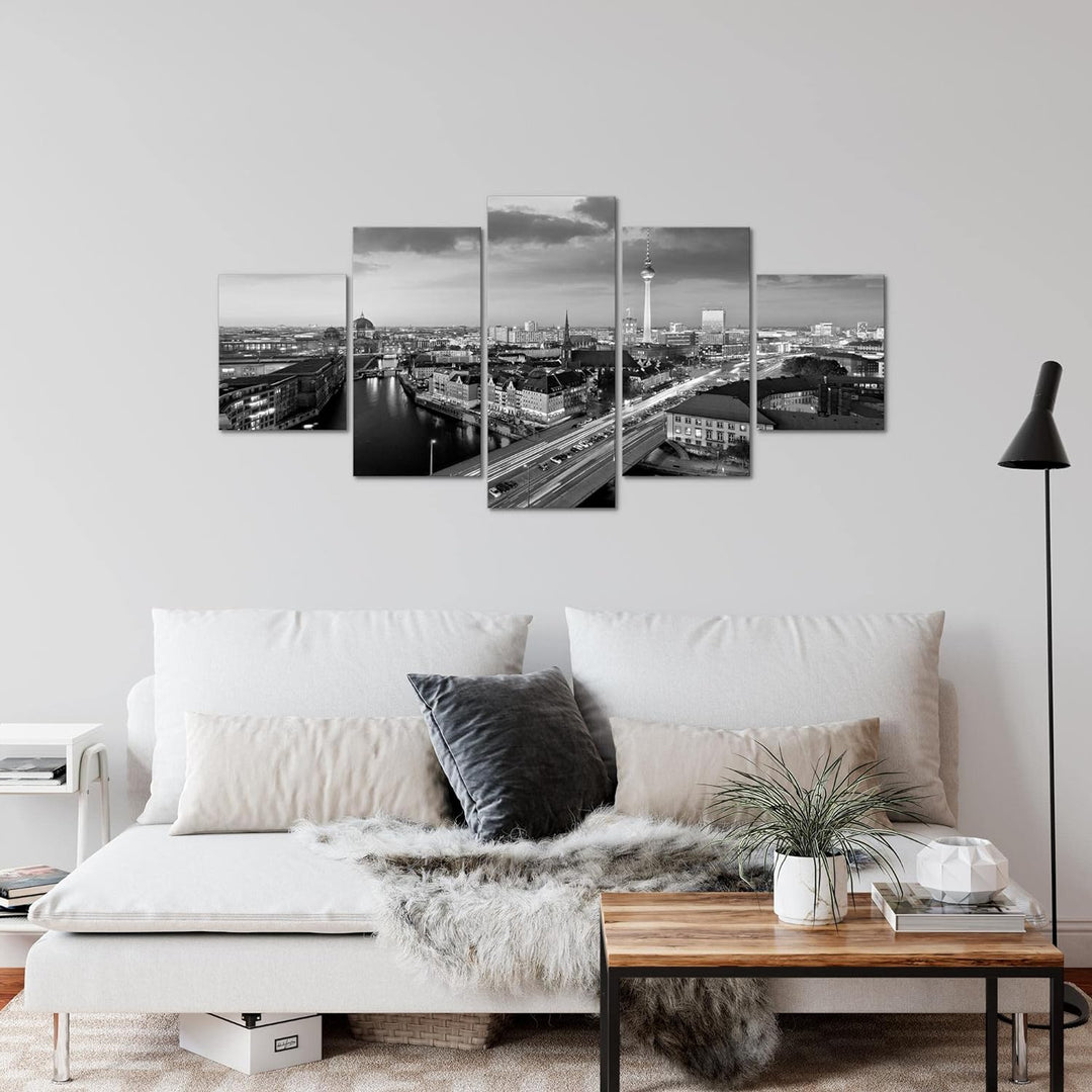 Runa Art Wandbilder Berlin 5 Teilig Bild auf Vlies Leinwand Deko Büro Wohnzimmer Stadt Schwarz Weiss
