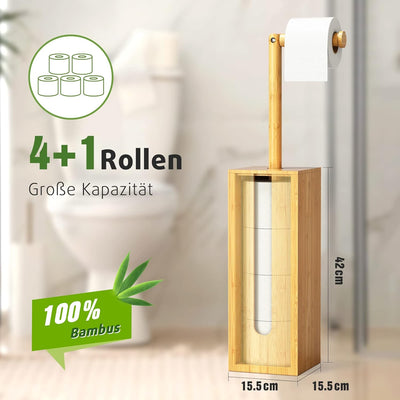 Rainsworth Toilettenpapierhalter Stehend Bambus mit Aufbewahrung für 4 Rollen, 2-in-1 Holz Klopapier