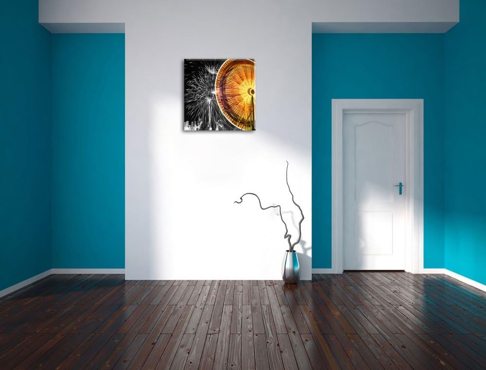Pixxprint Jahrmarkt mit Feuerwerk / 70x70cm Leinwandbild bespannt auf Holzrahmen/Wandbild Kunstdruck