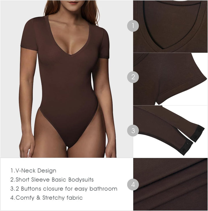 RoomTour Body Damen Elegant Kurz Bodysuit Tops Damenbody for damen Stringbody V Kragen M 1-Braun, M