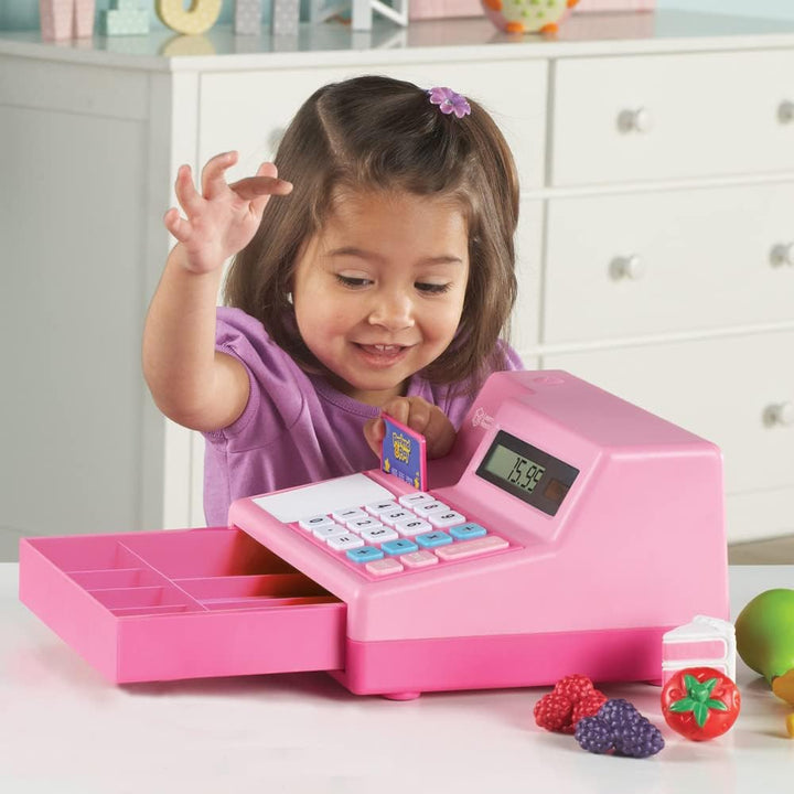 Learning Resources Kinderkasse mit Solartaschenrechner – Pretend & Play Registrierkasse Pink, robust