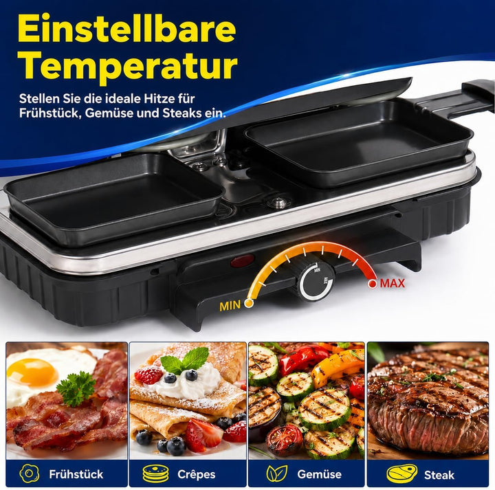 2-in-1 Raclette Grill, Raclette 8 Personen, 1300W Elektrogrill mit 1 Umkehrbarer Antihaft Grillplatt