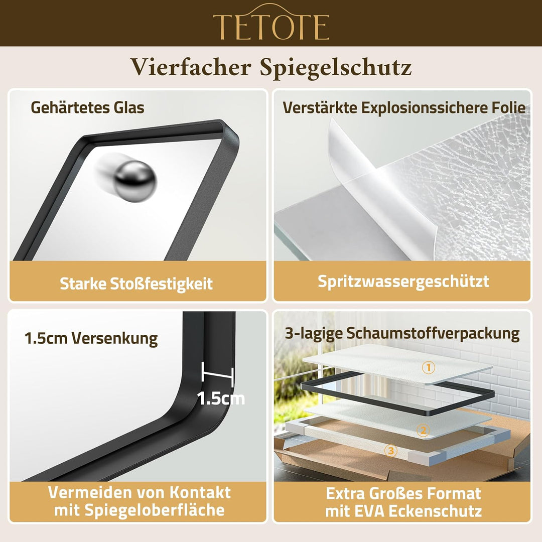 TETOTE 40x50cm Wandspiegel Schwarz Ohne Beleuchtung, Rechteckig Badspiegel mit Runder Ecke, Metallra