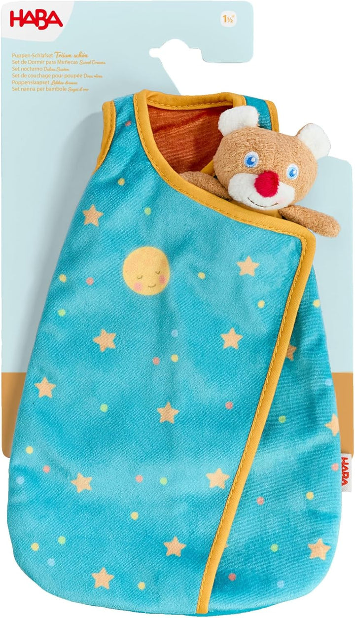 HABA Puppen-Schlafset Träum schön – Puppenschlafsack mit Mini-Teddy, für 30 cm Puppen, Waschbar bei