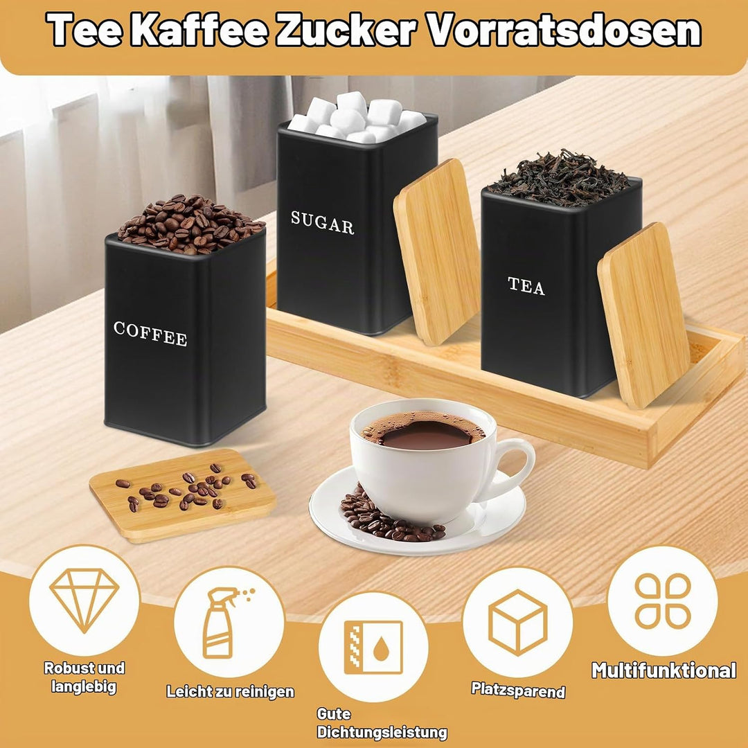 Kaffee Tee Zucker Set, 1000ml 3 Tee Kaffee Zucker Dosen, Dosenbehälter mit versiegeltem Bambusdeckel