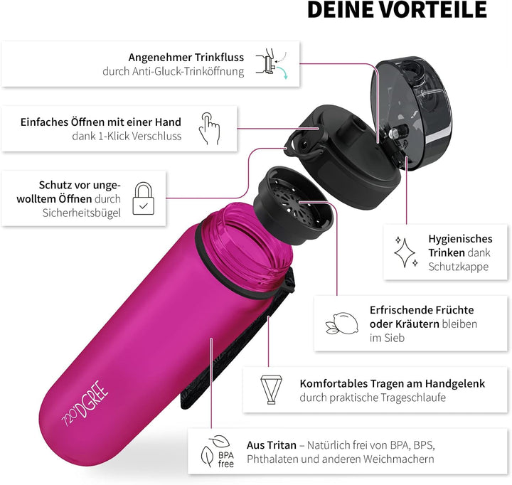 720°DGREE Trinkflasche 1l Sport “uberBottle“ softTouch +Sieb - BPA-Frei - Wasserflasche für Uni, Arb