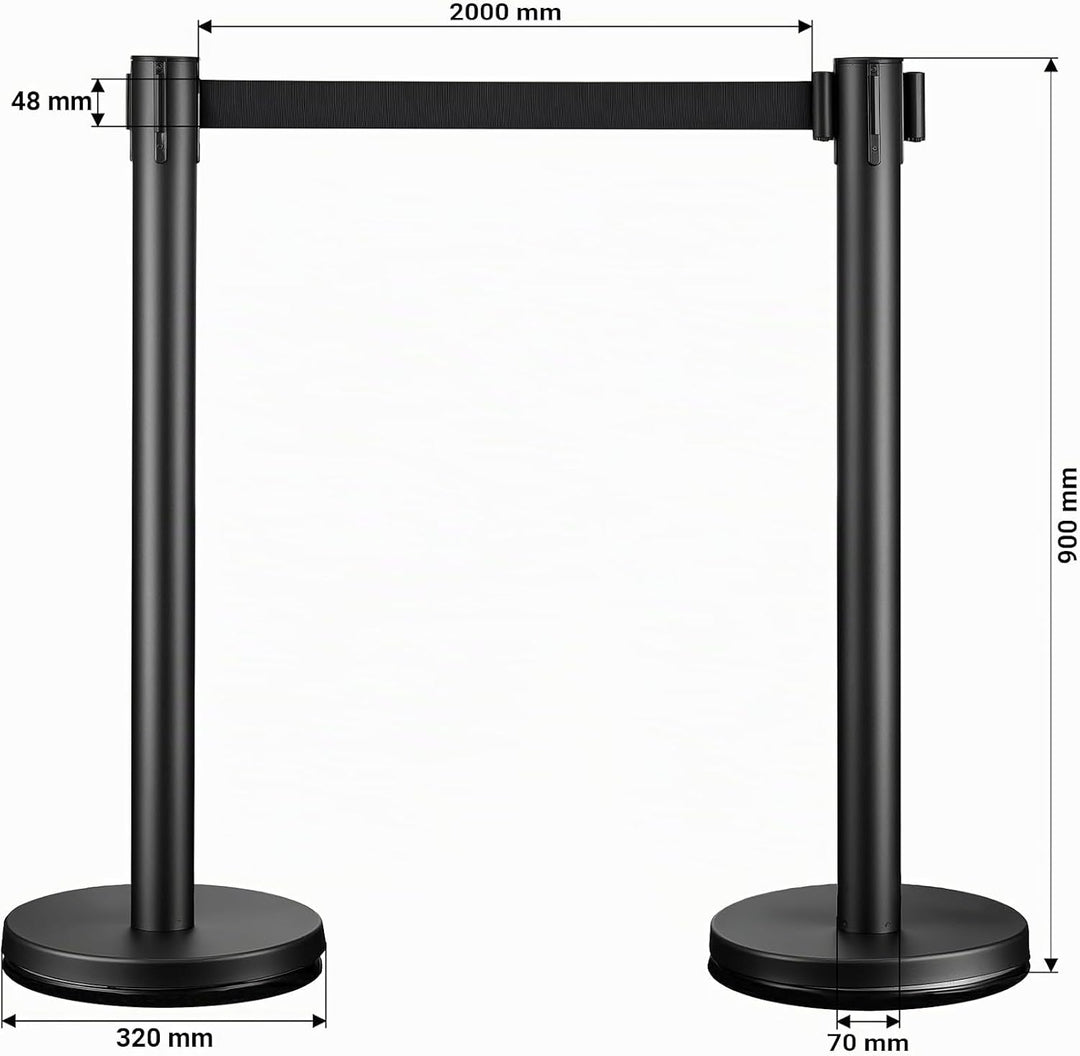 Wiltec mobile Absperrpfosten 32 x 7 x 90 cm in Schwarz mit 200 cm Zugband, Absperrständer aus rostfr