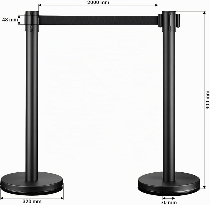 Wiltec mobile Absperrpfosten 32 x 7 x 90 cm in Schwarz mit 200 cm Zugband, Absperrständer aus rostfr