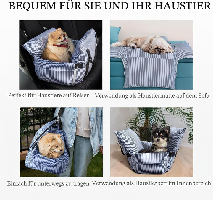 Sicherer Autositz für kleine Hunde, 6 kg – Autokorb mit Gurt, rutschfester Basis & Taschen – abnehmb
