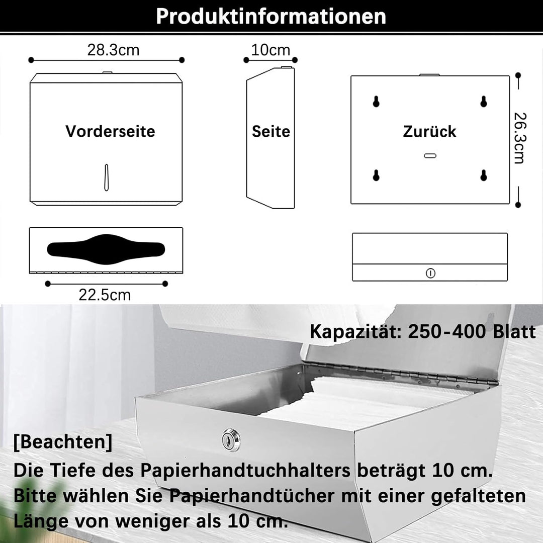 NICEME Papierhandtuchspender, Edelstahl Handtuchspender abschliessbar, Wandmontierter Taschentuchspe