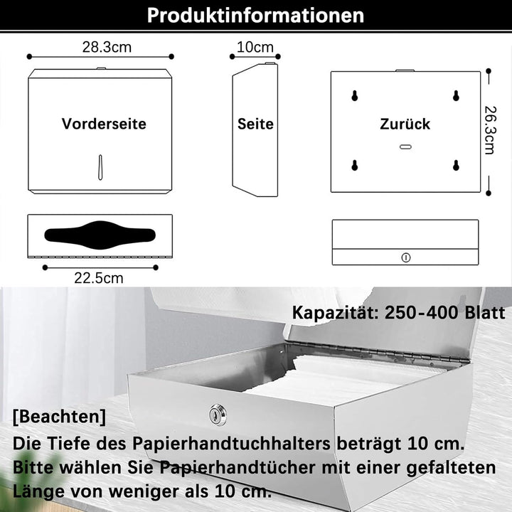 NICEME Papierhandtuchspender, Edelstahl Handtuchspender abschliessbar, Wandmontierter Taschentuchspe