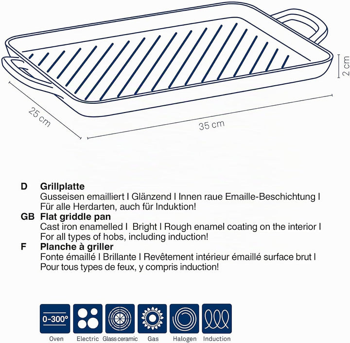 kela Grillplatte Induktion 35 x 25 cm CALIDO, Grillplatte Gusseisen emailliert für den Herd, hitzebe